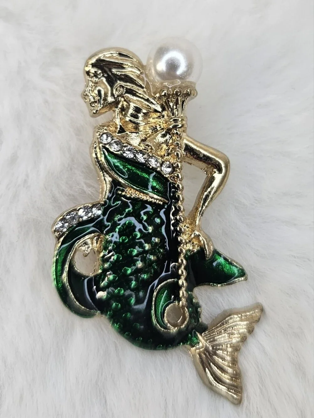 Gold & Emerald Green Mermaid Brooch with Pearl Accent